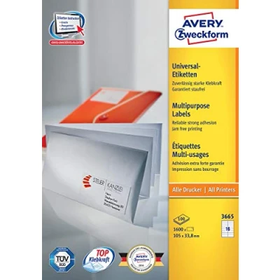 Afbeelding van Avery Zweckform 3665, Universele Etiketten, Ultragrip, Wit, 100 Vel, 16 Per 105 X 33,8 Mm Etiket