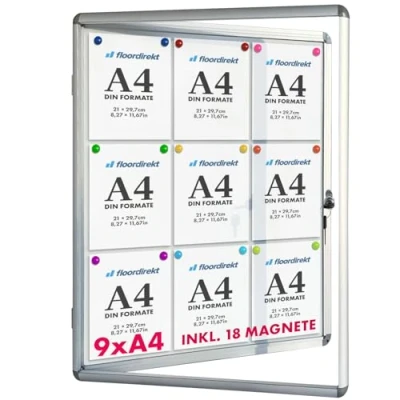 Afbeelding van Floodirekt Wandvitrine, 9 x DIN A4, met aluminium frame en acrylglas, magneten, achterwand magnetisch beschrijfbaar