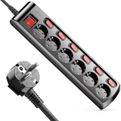 Afbeelding van deleyCON Stekkerdoos, 6 stopcontacten, afzonderlijk schakelbaar, kabel 1,4 m (6 x aan/uit schakelaar en 1 hoofdschakelaar), elektrische draadstroom, meervoudig stopcontact, zwart