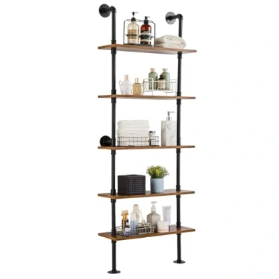 Image de VEVOR Étagère Murale Tuyau Industrielle 5 Niveaux 61x25,5 cm en Bois Rustique