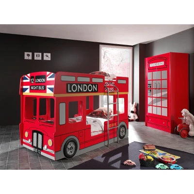 Afbeelding van LUCEVI Carbeds London Bus Stapelbed + Lattenbodem LED lampen 2 Deurs kast Rood 90x200 cm