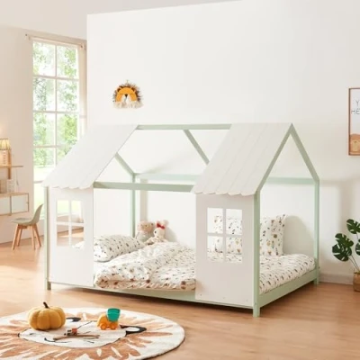 Afbeelding van [en.casa] Lit Cabane avec Fenêtres et Toit Enfant Forme Maison Design Sommier à Lattes pour Chambre d&#039;Enfant en Bois de Pin Contreplaqué 140 x 200 cm Vert Menthe Blanc