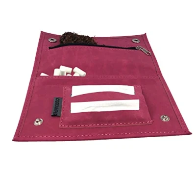 Afbeelding van Leather Touch versleten tabaksgrap voor roltabak met vakken filters, vellen en aansteker (2e) roze dubbel