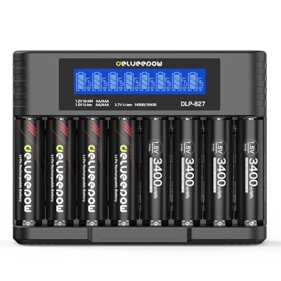 Afbeelding van Delyeepow AA oplaadbare batterijen met oplader, 3400 mWh 1,5 V lithiumbatterijen, batterijlader lcd display, 8 sleuven, snel opladen via USB, 1500 cycli