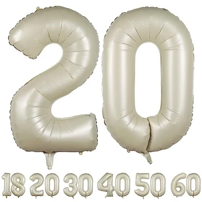 Afbeelding van Ballonnen 20 jaar, beige, 101 cm, decoratie voor de 20e verjaardag, folieballonnen in cijfervorm, met helium, verjaardagsdecoratie mannen en vrouwen