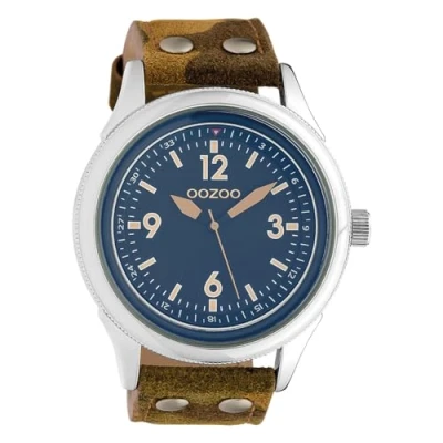 Afbeelding van OOZOO Timepieces Zilverkleurige horloge met camouflage leren band C10352