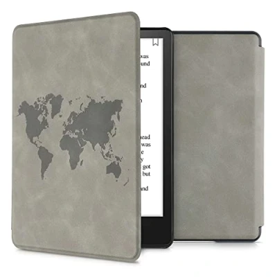 Afbeelding van kwmobile e reader hoesje geschikt voor Amazon Kindle Paperwhite 11. Generation 2021 hoes Ereader flip case met standaard Kunstleren cover Wereldkaart design in grijs