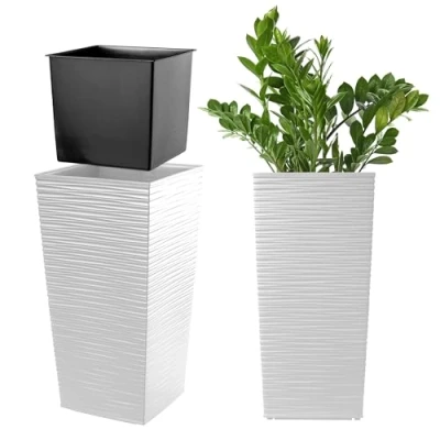 Afbeelding van KADAX bloempot, plantenpot, met kunststof binnenpot, voor binnen en buiten, tuin, balkon, terras, huis, weerbestendig, imitatie rotan, 46,5 cm hoog, wit