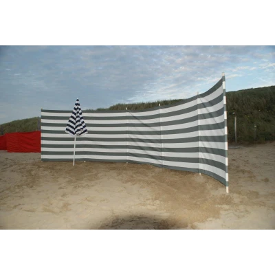 Afbeelding van Strand Windscherm Dralon Grijs/Wit 6 meter met houten stokken