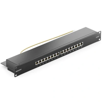 Afbeelding van deleyCON CAT 6a Patchpanel Distributiepaneel 16 Poorts Desktop 19 Inch Rackmount Servermontage RJ45 Afgeschermd TIA568A TIA568B Zwart