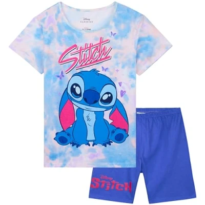 Afbeelding van Disney Stitch Pyjama voor meisjes en jongeren, set meisjes, T shirt shorts, nachtkleding, zacht ademend, cadeau idee kinderen, Blauw/Roze, 11 12 jaar