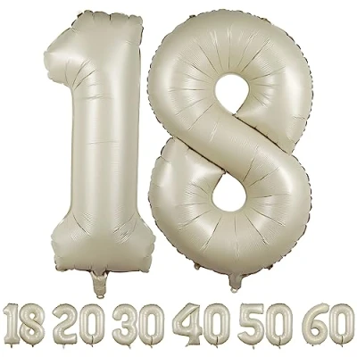 Afbeelding van Verjaardagsballonnen 18 beige 100 cm ballon cijfer 18, nummer Happy Birthday decoratie, ballonnen, verjaardagsfeest, jaren vliegen dankzij helium ballonnen