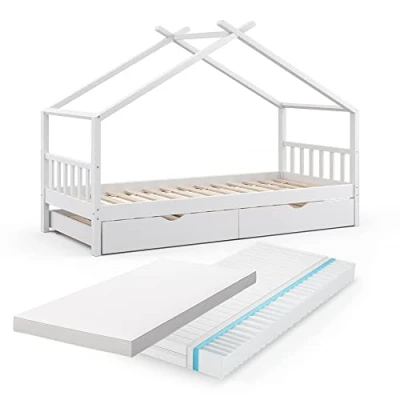 Afbeelding van Vitalispa hutbed &quot;Design&quot;, wit, 90x200 cm met extra bed en 2 matrassen