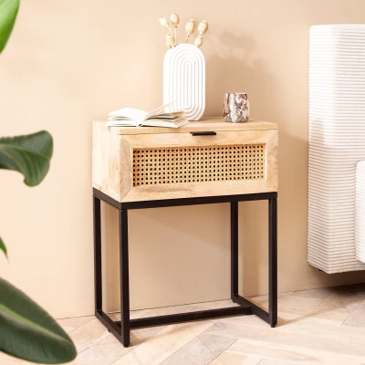 Afbeelding van Sky Style Casiope Mango Hout / Rattan Nachtkastje met Lade