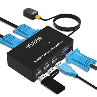 Afbeelding van VGA KVM Switch met 2 kabels, USB en schakelaar voor pc&#039;s, 1 Monitor 3 Toetsenbord Muis Scanner