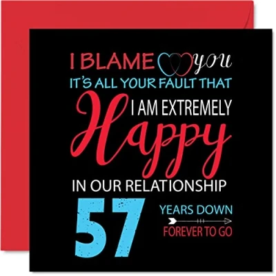 Afbeelding van Grappige 57e huwelijksverjaardag kaart voor man vrouw Your Fault I&#039;m Extremely Happy Wenskaart de partner, 145 mm x