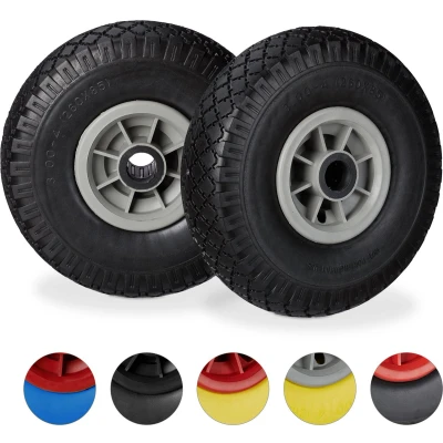 Afbeelding van Relaxdays steekwagenwiel 2 stuks 25 mm kunststof velg anti lek band 3.00 4 inch Zwart grijs