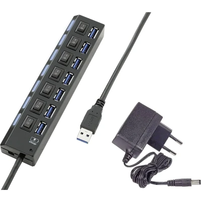 Afbeelding van Renkforce USB 3.2 Gen 1 hub 7 poorten Individueel schakelbaar, Met status LEDs, iPad laadpoort Zwart