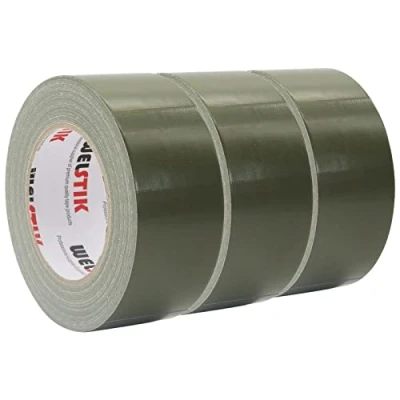 Afbeelding van WELSTIK 3 rollen professionele tape 48 mm x 27 m waterdichte gekleurde stof voor reparaties, doe het zelf, handwerk, binnen en buiten, olijfgroen