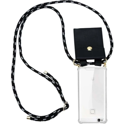 Afbeelding van Cadorabo Hoesje geschikt voor Huawei P9 LITE 2016 / G9 in ZWART ZILVER Silicone Mobiele telefoon ketting beschermhoes met gouden ringen, koordriem en afneembare etui