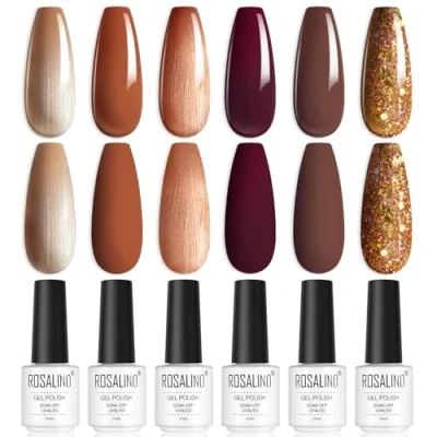 Afbeelding van ROSALIND semi permanente nagellak, uv gel, permanent, 6 kleuren, pailletten, bruin, rood, abrikoos, soak off, UV/LED, manicure