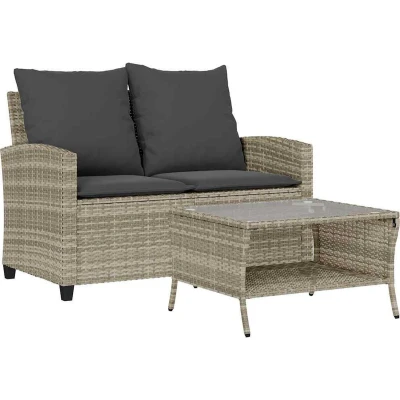 Afbeelding van vidaXL Tuinbank 2 zits met kussens &amp; tafel poly rattan lichtgrijs