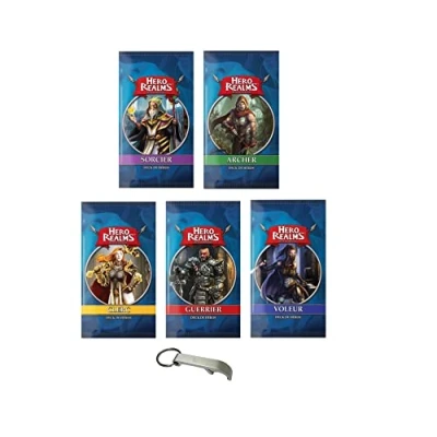 Afbeelding van Hero Realms 5 heldendecks: tovenaar, krijger, boogschutter, dief, klerk Franse versie + 1 flesopener Blumie (5 helden)