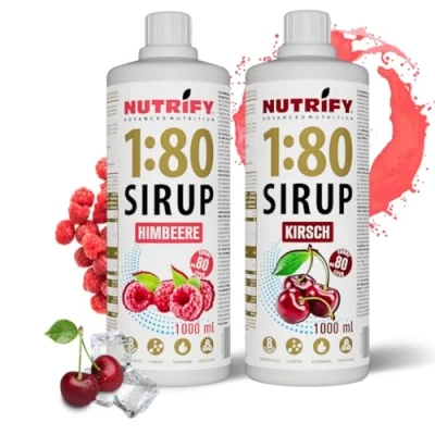 Afbeelding van NUTRIFY Vital Fitness Drink 2 flessen siroop 1:80, x 1 l, kersen en framboos, drankconcentraat met vitaminen L carnitine zonder suiker, 160 liter drank voor sport weinig