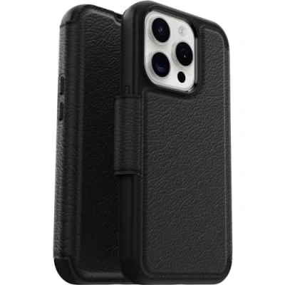 Afbeelding van OtterBox Strada Beschermhoes voor iPhone 15 Pro MagSafe, schokbestendig, valbescherming, hoogwaardig leer, 2 kaarthouders, ondersteunt 3 x meer vallen dan militaire standaard, zwart, levering
