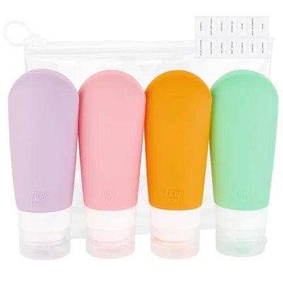 Afbeelding van AiQInu 4 stuks 90 ml siliconen reisflessen om te vullen, lekvrij, draagbare reiscontainers voor shampoo, crème, conditioner, lichaamsverzorging, BPA vrij en