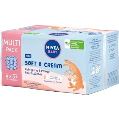 Image de NIVEA BABY Soft &amp; Cream Lot de 4 packs 57 Lingettes humides pour bébé nettoyer en douceur la peau sensible hypoallergéniques Avec huile d&#039;amande et vitamines