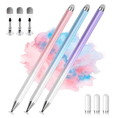 Image de Lot de 3 stylets universels 2 en 1 haute précision pour iPad compatibles avec Apple, iPhone, iPad, Android, tablettes Microsoft, téléphones Bleu, rose, violet