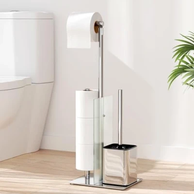 Afbeelding van toiletpapierhouder met toiletborstel staande van roestvrij staal toiletborstel, afneembaar, glas, voet geen boren nodig (zilver)