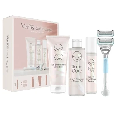 Afbeelding van Giftpack Venus Satin Care Scheermes + 2 Scheermesjes in 1 Reiniger Scheergel 190ml Exfoliant 177ml Verzachtend Serum 50ml