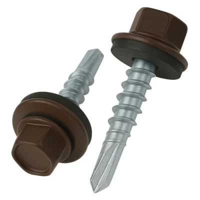Afbeelding van 8 mm x 35 dakschroeven, zelfborende zeskantkop gekleurd (RAL 8017 chocoladebruin) dakschroef met EPDM verzegelde sluitring, geharde grove schroefdraad, roestvrij, voor buiten