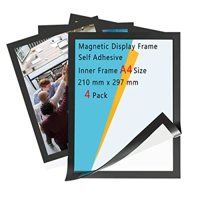 Afbeelding van 4 stuks magnetische displaylijsten, zilveren displayframe, lijsten, A4, zelfklevend magneetframe, voor reclameborden, waarschuwingen, foto&#039;s, berichten