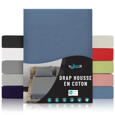 Image de Dreamzie Drap Housse 200x200 Bleu 100% Jersey Coton Certifié Oeko Tex avec Bonnet 27 cm