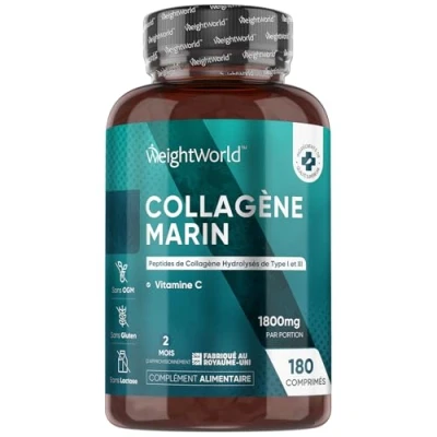 Afbeelding van Marine Collageen tabletten 1800mg 180 voor 2 maanden voorraad met Vitamine C Gehydrolyseerd Type 1 en 3 Peptiden gemaakt van natuurlijk Poeder WeightWorld