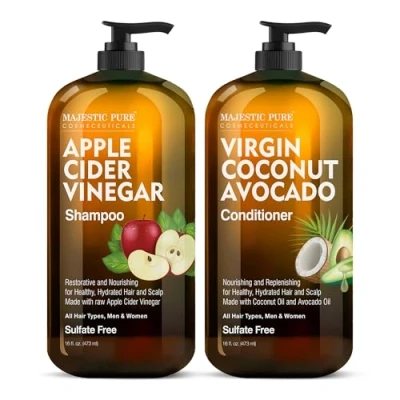 Afbeelding van MAJESTIC PURE Apple Cider Vinegar Lot de 2 shampoings et après shampoing à la noix coco l&#039;avocat Restores Shine &amp; Reduces Itchy Scalp, Dandruff Frizz Sans sulfate Pour tous les types