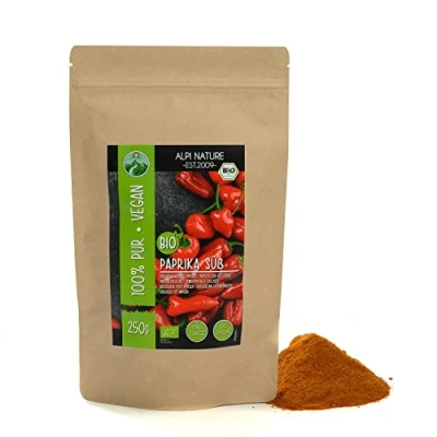 Afbeelding van biologische zoete paprika (250 g), gemalen paprika, biologisch paprikapoeder van gecertificeerde teelt, glutenvrij, lactosevrij, laboratoriumgetest