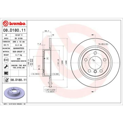 Afbeelding van BREMBO 08.D180.11 Remschijf 296 10 5 volledig Gecoat High carbon Met schroeven MINI: Countryman, Paceman