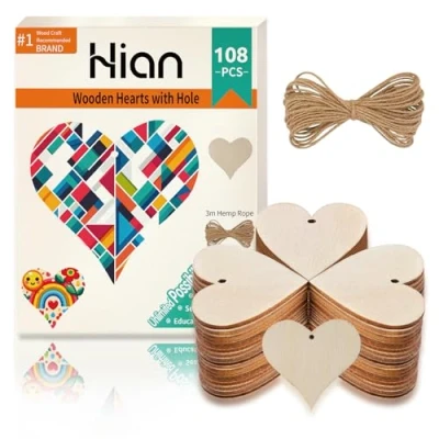 Afbeelding van Set van 100 voorgeboorde rustieke houten harten met gaten voor hobby&#039;s, schijfjes, kerstversiering, handwerk 4 cm
