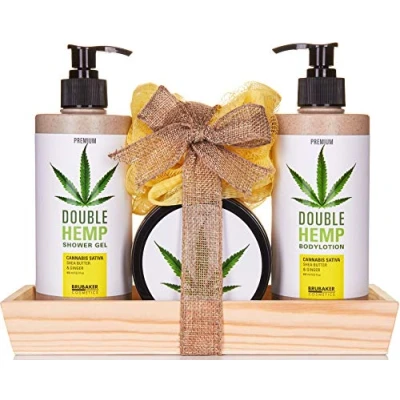 Afbeelding van BRUBAKER Cosmetica Hennepzaadolie Douche en Verzorgingsset Sheaboter &amp; Gember Cadeautip Vrouw Cadeau Idee met Houten dienblad