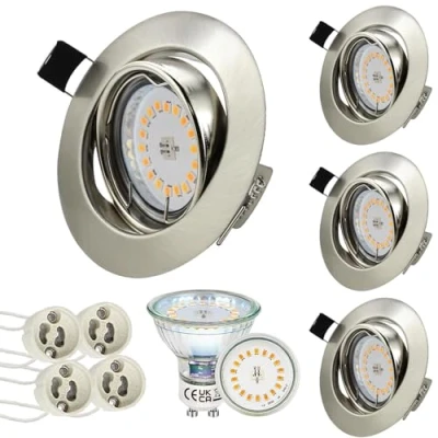 Afbeelding van HiBay 4 x 3000 K, warmwit, led inbouwspot, plafond, draaibaar, met GU10 lampen, 5 W, 230 V, inbouwverlichting van geborsteld roestvrij staal, plafondlamp, rond, Ø 68 mm, verlichting voor hotel,