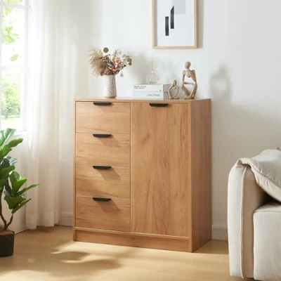Afbeelding van Commode Varkaus ladekast mdf met 4 lades 1 deur 90x80x40 cm eikenkleurig [en.casa]