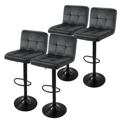 Afbeelding van ML Design barkruk set van 4, fluwelen bekleding, grijs, met rugleuning en voetensteun, baliekruk in hoogte verstelbaar 63 83cm, 360 draaibaar, bistro kruk draaibare barstoelen