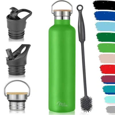 Afbeelding van Roestvrijstalen drinkfles, 500 ml, 750 1000 met rietje, geïsoleerde waterfles, lekvrije thermosfles, dubbelwandig, geschikt voor koolzuurhoudende dranken (appelgroen, ml)