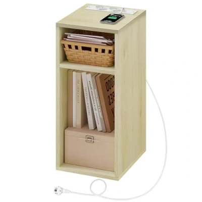 Afbeelding van WOLTU nachtkastje met stopcontacten en USB poorten, smalle slaapkamer, 2 open vakken, voor woonkamer, hout, 25 x 30 60 cm, NTS06hei