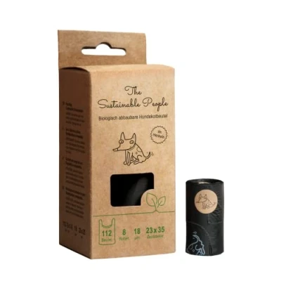 Afbeelding van The Sustainable People 112 biologisch afbreekbare hondenpoepzakjes met handvaten OK compost HOME gecertificeerd 100% afbreekbaar groot &amp; extra dik (18 µm), veilig vochtbestendig