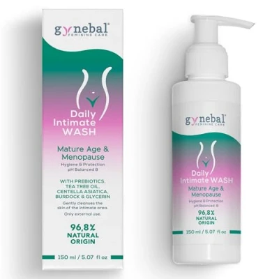 Afbeelding van 300 ml GYNEBAL Kalmerende intieme zeep voor menopauze PH 8 hygiënegel vrouwen met theeboom en prebioticum voorkomt vaginale droogheid irritatie